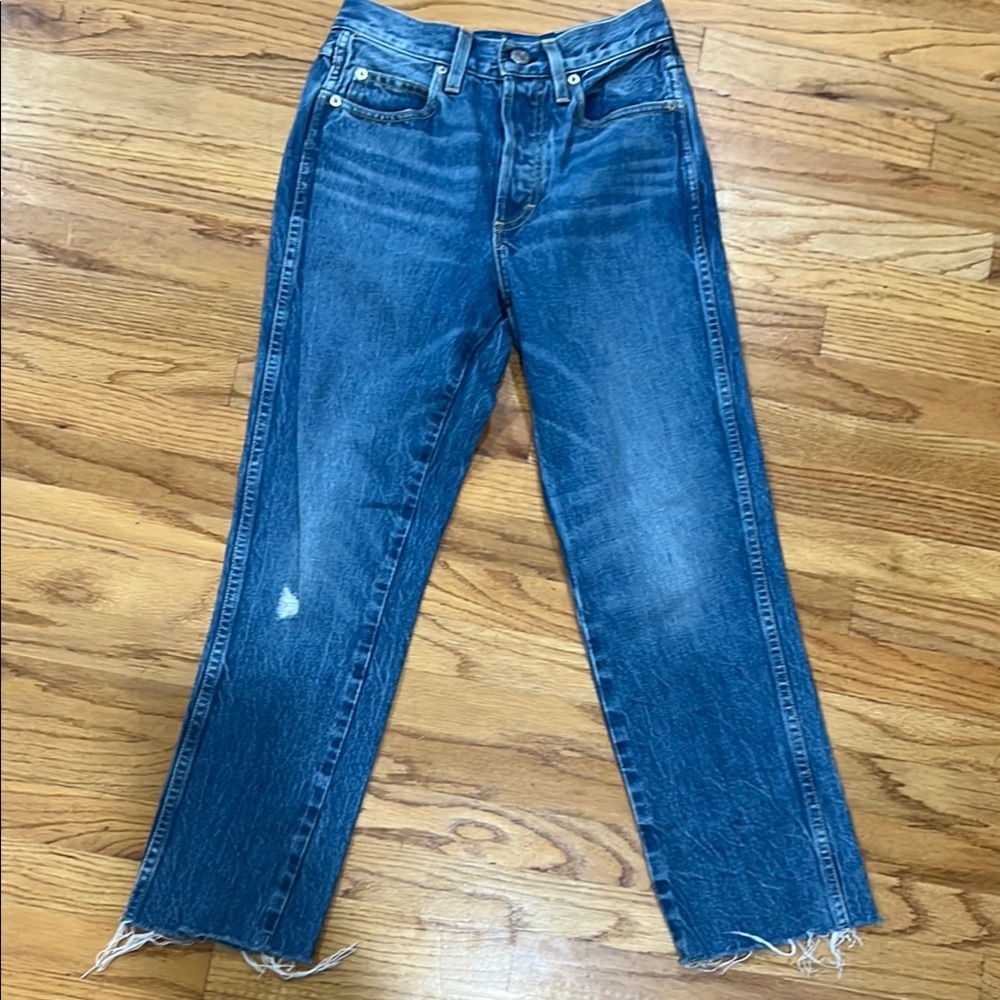 AMO Blue Straight Leg Jeans with Distressed Hem